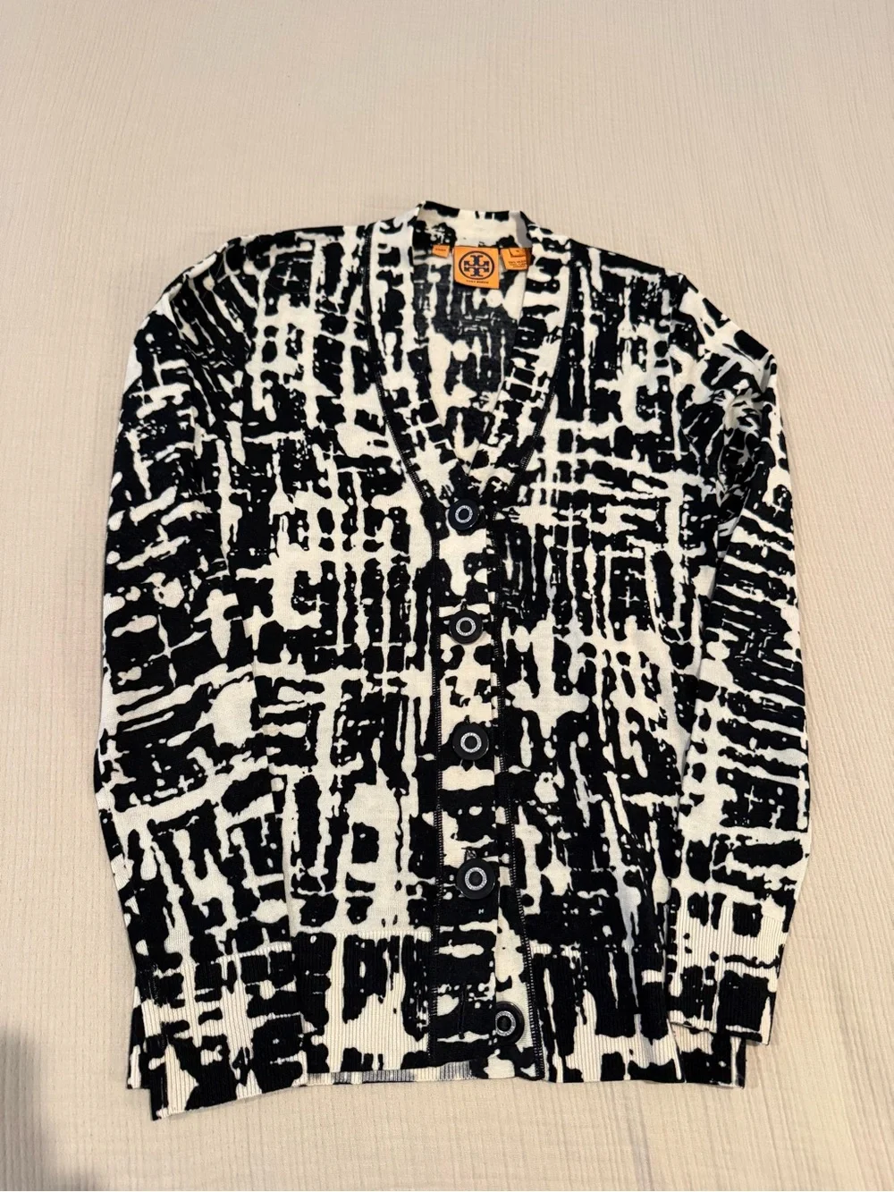 Tory Burch Black and Cream Patterned Button-Front Cardigan